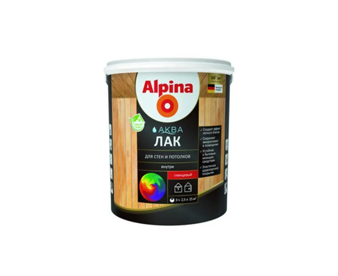 ლაქი აკრილის ხის ინტერიერისთვის Alpina Aqua აბრეშუმისებრი მქრქალი 2.5 ლ — ლაქი